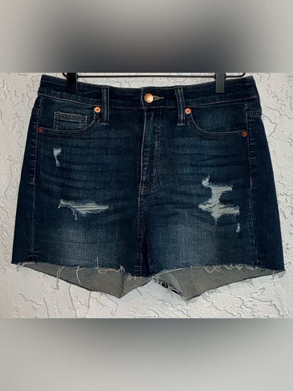Universal Thread Dark Wash High Rise Midi Distressed Denim Shorts